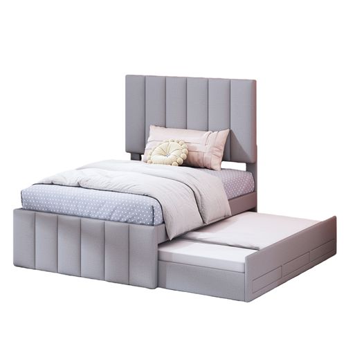 Lit Gigogne Enfant 90x200 Cm - Tiroirs Et Lit Gigogne, Revêtement En Lin, Mdf Et Métal - Gris