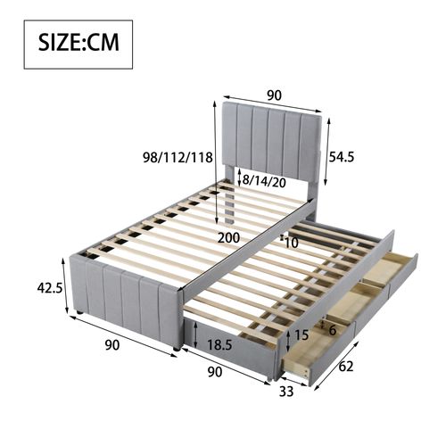 Lit Gigogne Enfant 90x200 Cm - Tiroirs Et Lit Gigogne, Revêtement En Lin, Mdf Et Métal - Gris