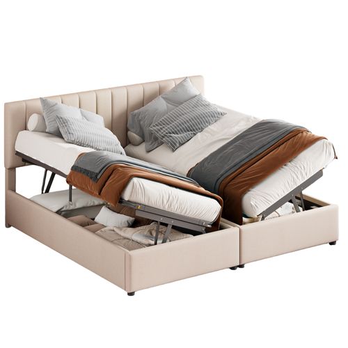 Lit Coffre Double 180x200 Cm - Avec Rangement Hydraulique Et Capacité 300 Kg, , Lin Beige
