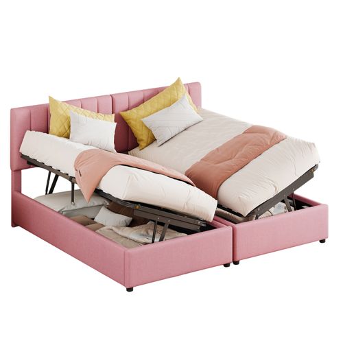 Lit Coffre Adulte 180x200 Cm, Lit Capitonné Avec Rangement Hydraulique, Multifonction, Lin Rose