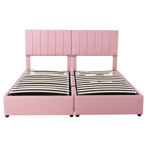 Lit Coffre Adulte 180x200 Cm, Lit Capitonné Avec Rangement Hydraulique, Multifonction, Lin Rose