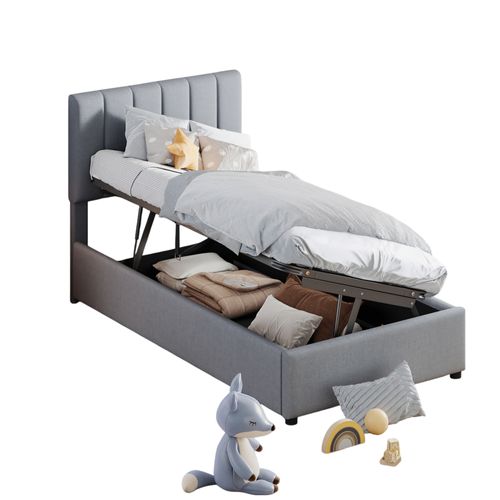 Lit Coffre 90x200 Cm - Lit Simple Avec Ouverture Hydraulique - En Lin - Gris