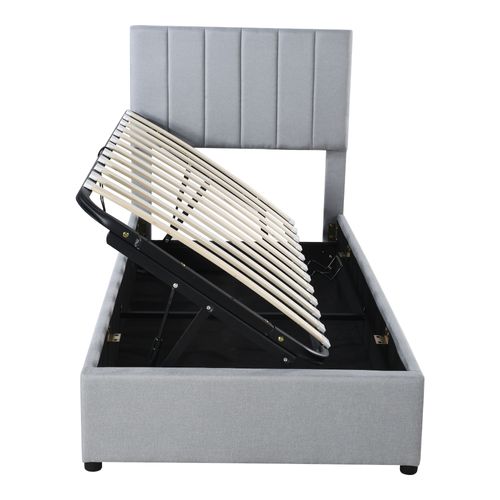 Lit Coffre 90x200 Cm - Lit Simple Avec Ouverture Hydraulique - En Lin - Gris