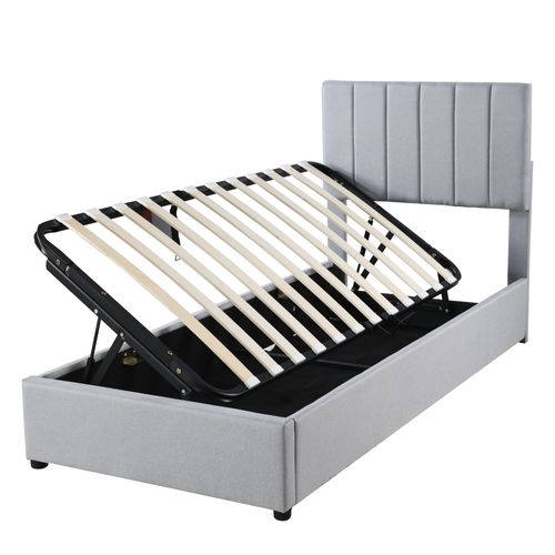 Lit Coffre 90x200 Cm - Lit Simple Avec Ouverture Hydraulique - En Lin - Gris