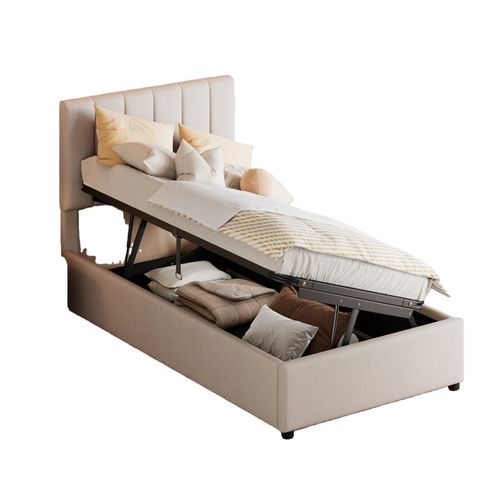 Lit Coffre 90x200 Cm - Lit Simple Avec Rangement Hydraulique - En Lin - Beige