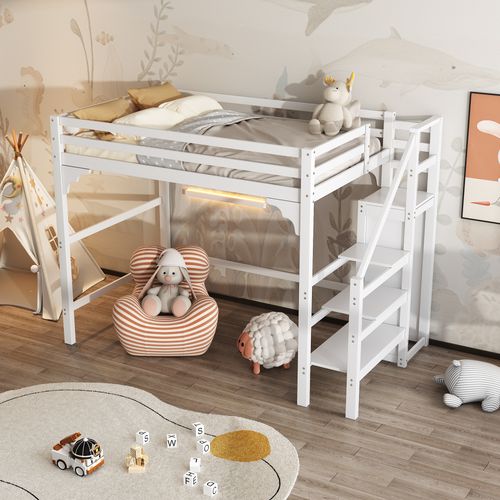 Lit Mezzanine 140x200 Cm - Lit Avec Sommier à Lattes Et Penderie - Pin + Mdf - Blanc