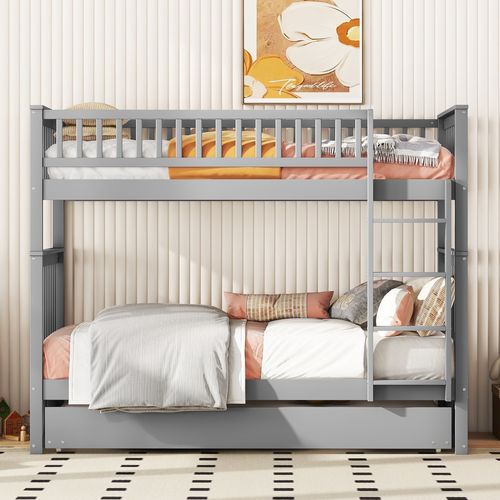 Lit Superposé 90 X 200 Cm - Lit Gigogne Avec Escalier - Pin + Mdf - Gris