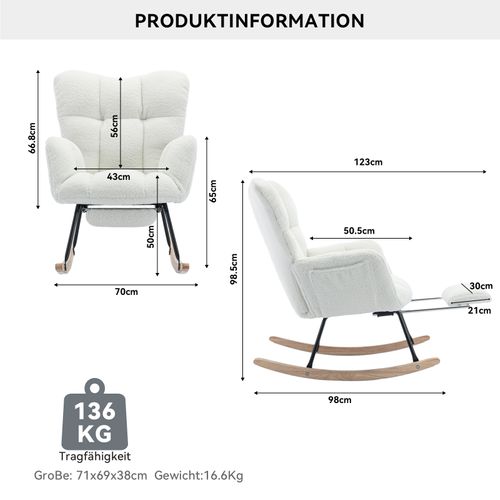 Fauteuil à Bascule - Fauteuil Relax Rembourré En Tissu Polaire Teddy Avec Accoudoirs, Blanc