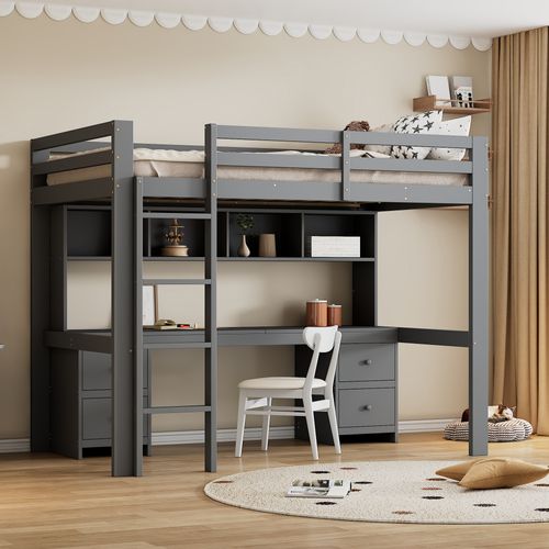 Lit Mezzanine 90 X 200 Cm - Lit Simple Avec Escalier à Rampe Haute - Pin + Mdf - Gris