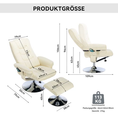 Fauteuil Relax Avec Repose-pieds Pivotant 360° - Massage Et Dossier Réglable, Simili Cuir Beige