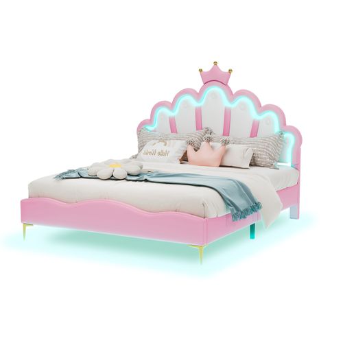 Lit Double 140 X 200 Cm - Lit Enfant Avec Bande LED - Cuir Pu + Mdf + Métal - Rose