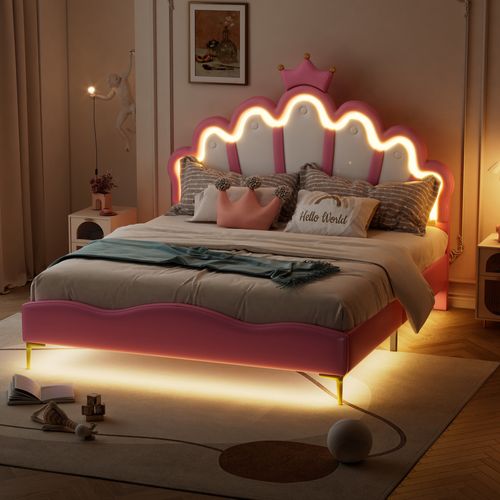 Lit Double 140 X 200 Cm - Lit Enfant Avec Bande LED - Cuir Pu + Mdf + Métal - Rose