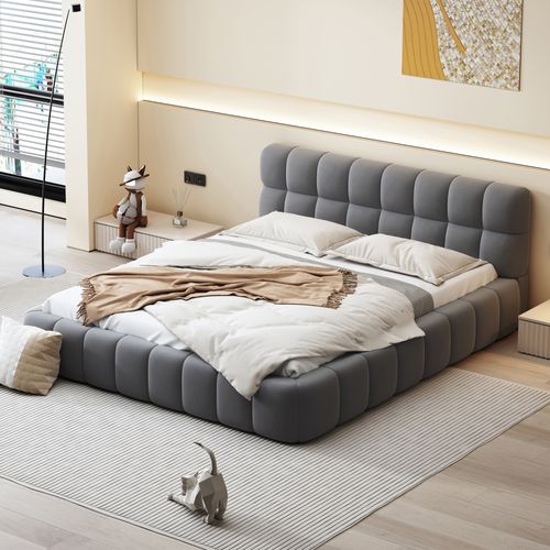 Lit Double 140x190 Cm - Lit Classique Avec Dossier Moelleux - Lin - Gris
