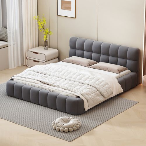 Lit Double 140x190 Cm - Lit Classique Avec Dossier Moelleux - Lin - Gris