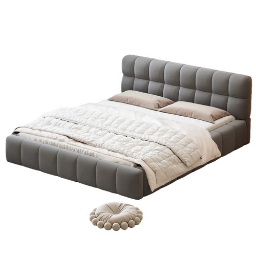 Lit Double 140x190 Cm - Lit Classique Avec Dossier Moelleux - Lin - Gris