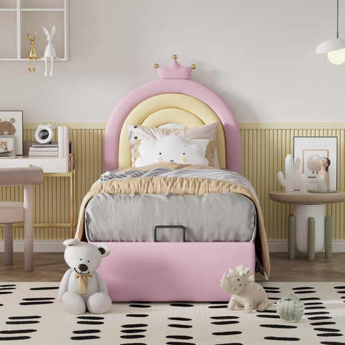 Lit Coffre Enfant Captionné 90x200 Cm, Rangement Et Tête De Lit Arc-en-ciel, Pu, Rose