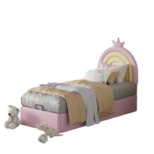 Lit Coffre Enfant Captionné 90x200 Cm, Rangement Et Tête De Lit Arc-en-ciel, Pu, Rose