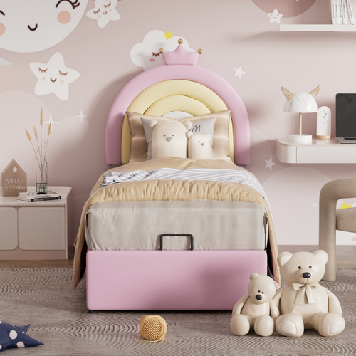 Lit Coffre Enfant Captionné 90x200 Cm, Rangement Et Tête De Lit Arc-en-ciel, Pu, Rose