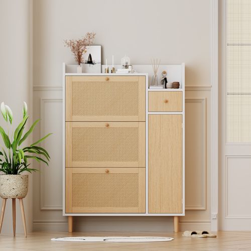 Meuble à Chaussures Rotin, Entrée, Tiroir Et 3 Portes Abattantes, Pieds S, Bois Naturel/blanc