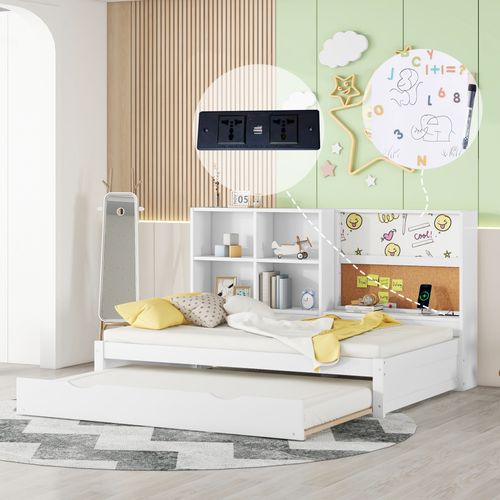 Lit Enfant Gigogne 90 X 200 Cm - Port De Chargement USB Et Rangement - Bois De Pin + Mdf - Blanc