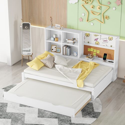 Lit Enfant Gigogne 90 X 200 Cm - Port De Chargement USB Et Rangement - Bois De Pin + Mdf - Blanc