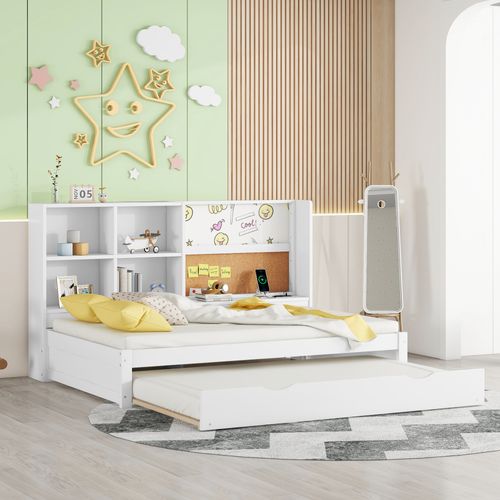 Lit Enfant Gigogne 90 X 200 Cm - Port De Chargement USB Et Rangement - Bois De Pin + Mdf - Blanc