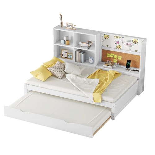 Lit Enfant Gigogne 90 X 200 Cm - Port De Chargement USB Et Rangement - Bois De Pin + Mdf - Blanc