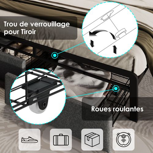 Lit Double Rembourré Avec Rangement 160x200 Cm, Tiroirs Et Fonction De Chargement USB - Lin, Gris