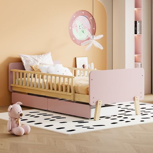 Lit Enfant Simple 90x190 Cm Bois Avec 2 Tiroirs Et Sommier à Lattes, Multifonction, Rose