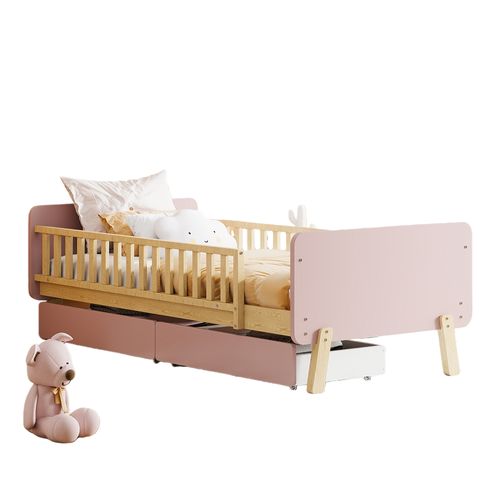 Lit Enfant Simple 90x190 Cm Bois Avec 2 Tiroirs Et Sommier à Lattes, Multifonction, Rose