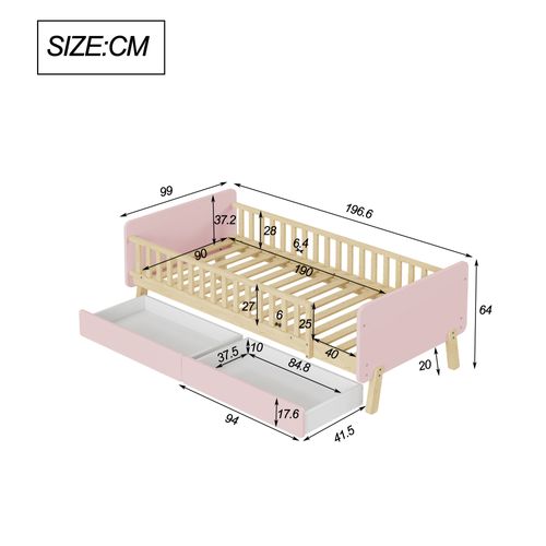 Lit Enfant Simple 90x190 Cm Bois Avec 2 Tiroirs Et Sommier à Lattes, Multifonction, Rose