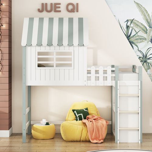 Lit Mezzanine 90x200 Cm - Lit Cabane Enfant Avec Échelle De Sécurité, Rangement, Massif Mdf Vert