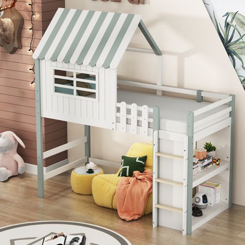 Lit Mezzanine 90x200 Cm - Lit Cabane Enfant Avec Échelle De Sécurité, Rangement, Massif Mdf Vert