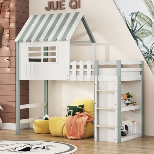 Lit Mezzanine 90x200 Cm - Lit Cabane Enfant Avec Échelle De Sécurité, Rangement, Massif Mdf Vert