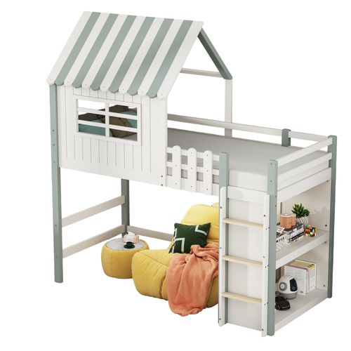 Lit Mezzanine 90x200 Cm - Lit Cabane Enfant Avec Échelle De Sécurité, Rangement, Massif Mdf Vert