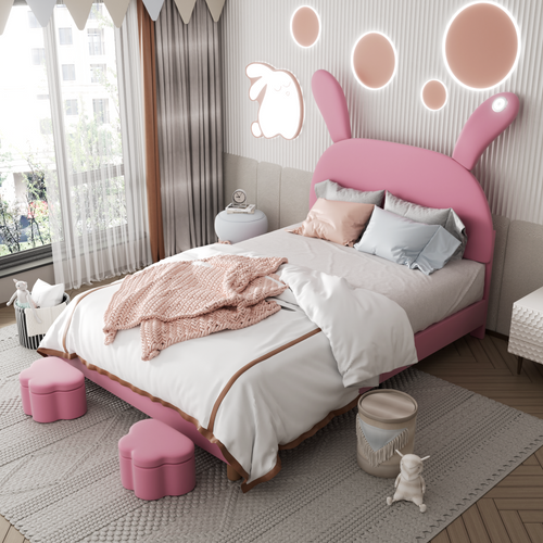 Lit Enfant 140x200 Cm Capitonné Déco Avec 2 Tabourets De Rangement Et Éclairage LED, Velours, Rose