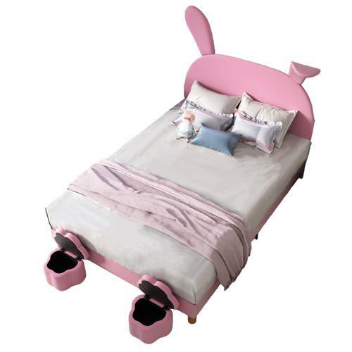 Lit Enfant 140x200 Cm Capitonné Déco Avec 2 Tabourets De Rangement Et Éclairage LED, Velours, Rose