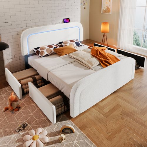 Lit Double 160x200 Cm Avec Rangement – Cadre Rembourré Sherpa Avec 4 Tiroirs Et Port USB, Blanc
