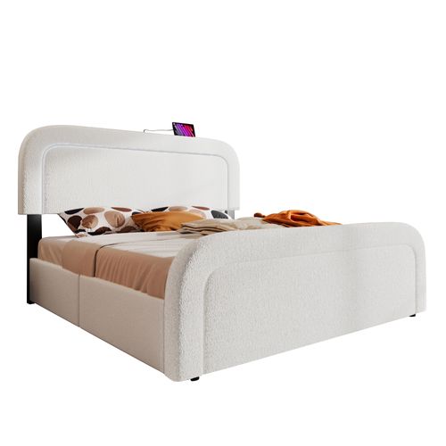 Lit Double 160x200 Cm Avec Rangement – Cadre Rembourré Sherpa Avec 4 Tiroirs Et Port USB, Blanc