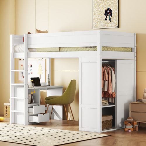 Lit Mezzanine 90 X 200 Cm - Lit Enfant Avec Bureau, Armoire Et Tiroirs - Pin + Mdf - Blanc