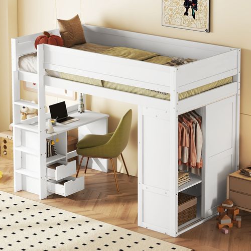 Lit Mezzanine 90 X 200 Cm - Lit Enfant Avec Bureau, Armoire Et Tiroirs - Pin + Mdf - Blanc