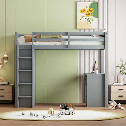 Lit Mezzanine 90x200 Cm - Lit Enfant Avec Bureau Et Rangement, Lit Combiné En Bois De Pin Gris