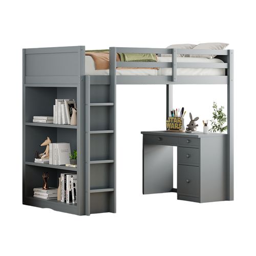 Lit Mezzanine 90x200 Cm - Lit Enfant Avec Bureau Et Rangement, Lit Combiné En Bois De Pin Gris