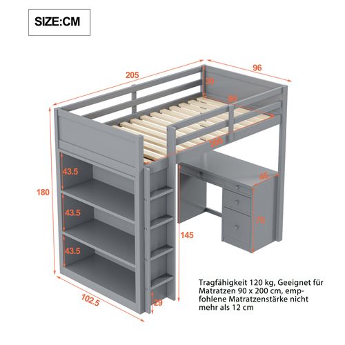 Lit Mezzanine 90x200 Cm - Lit Enfant Avec Bureau Et Rangement, Lit Combiné En Bois De Pin Gris
