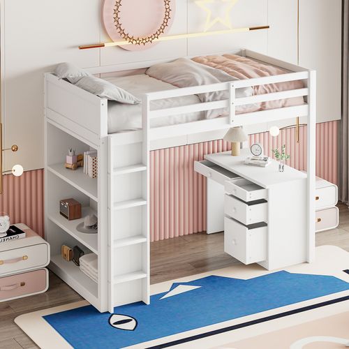 Lit Mezzanine 90x200 Cm - Lit Enfant Avec Bureau Et Rangement, Lit Combiné En Bois De Pin Blanc
