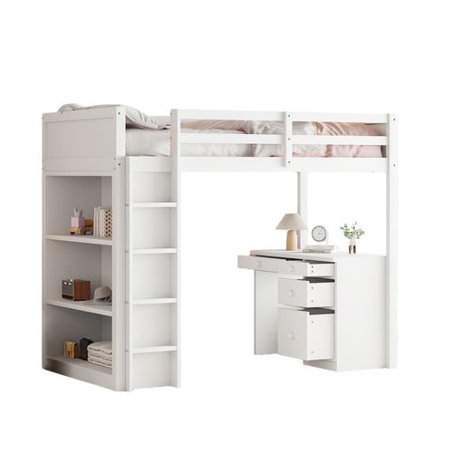 Lit Mezzanine 90x200 Cm - Lit Enfant Avec Bureau Et Rangement, Lit Combiné En Bois De Pin Blanc
