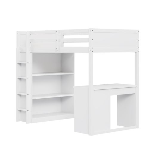 Lit Mezzanine 90x200 Cm - Lit Enfant Avec Bureau Et Rangement, Lit Combiné En Bois De Pin Blanc