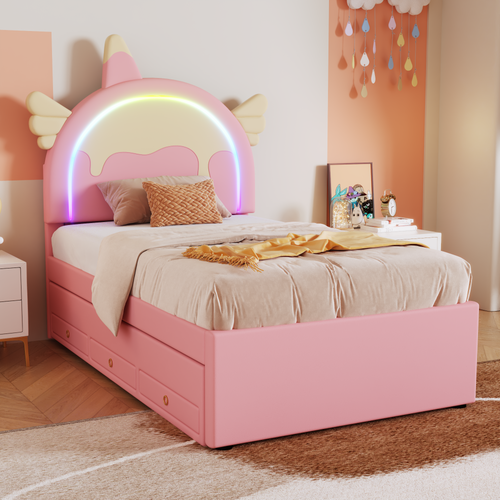 Lit Gigogne 90x200 Cm - Lit Simple Enfant Avec Lit Gigogne - Pu + Mdf - Rose