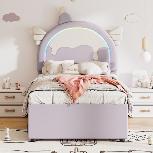 Lit Gigogne 90x200 Cm - Lit Simple Enfant Avec Lit Gigogne - Pu + Mdf - Violet