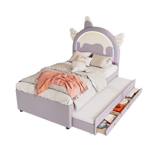 Lit Gigogne 90x200 Cm - Lit Simple Enfant Avec Lit Gigogne - Pu + Mdf - Violet